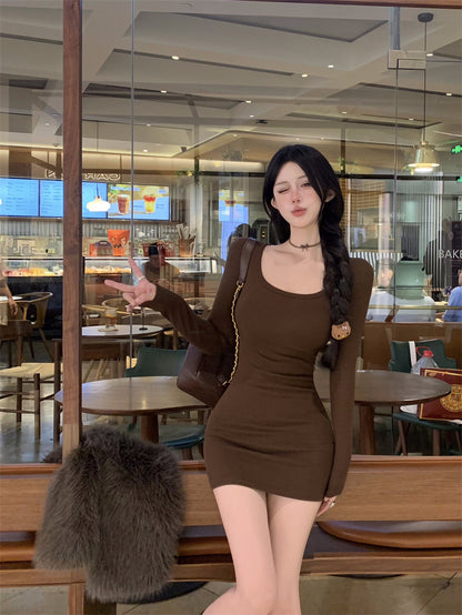 Unique Square Neck Stretchy Fabric Mini Skirt Vintage Long Sleeve Bodycon Parties Outfit Short Dress AP3710