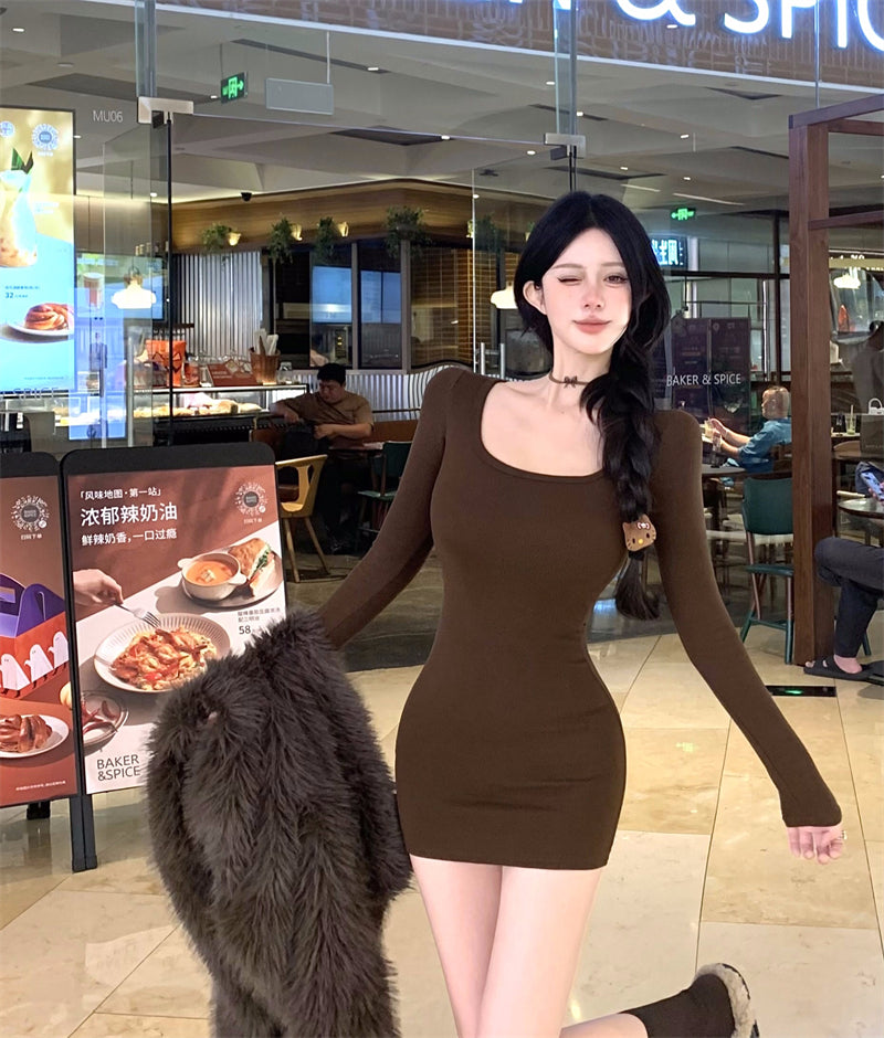 Unique Square Neck Stretchy Fabric Mini Skirt Vintage Long Sleeve Bodycon Parties Outfit Short Dress AP3710