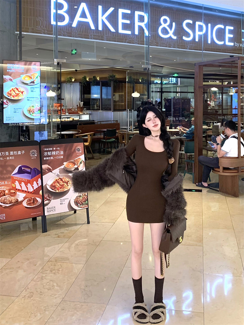 Unique Square Neck Stretchy Fabric Mini Skirt Vintage Long Sleeve Bodycon Parties Outfit Short Dress AP3710