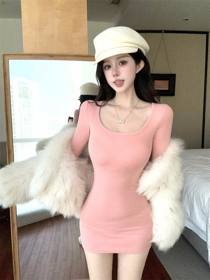 Fashionable Stretchy Fabric Long Sleeve Pink Mini Skirt Sweet Bodycon Parties Outfit Square Neck Short Dress AP3711