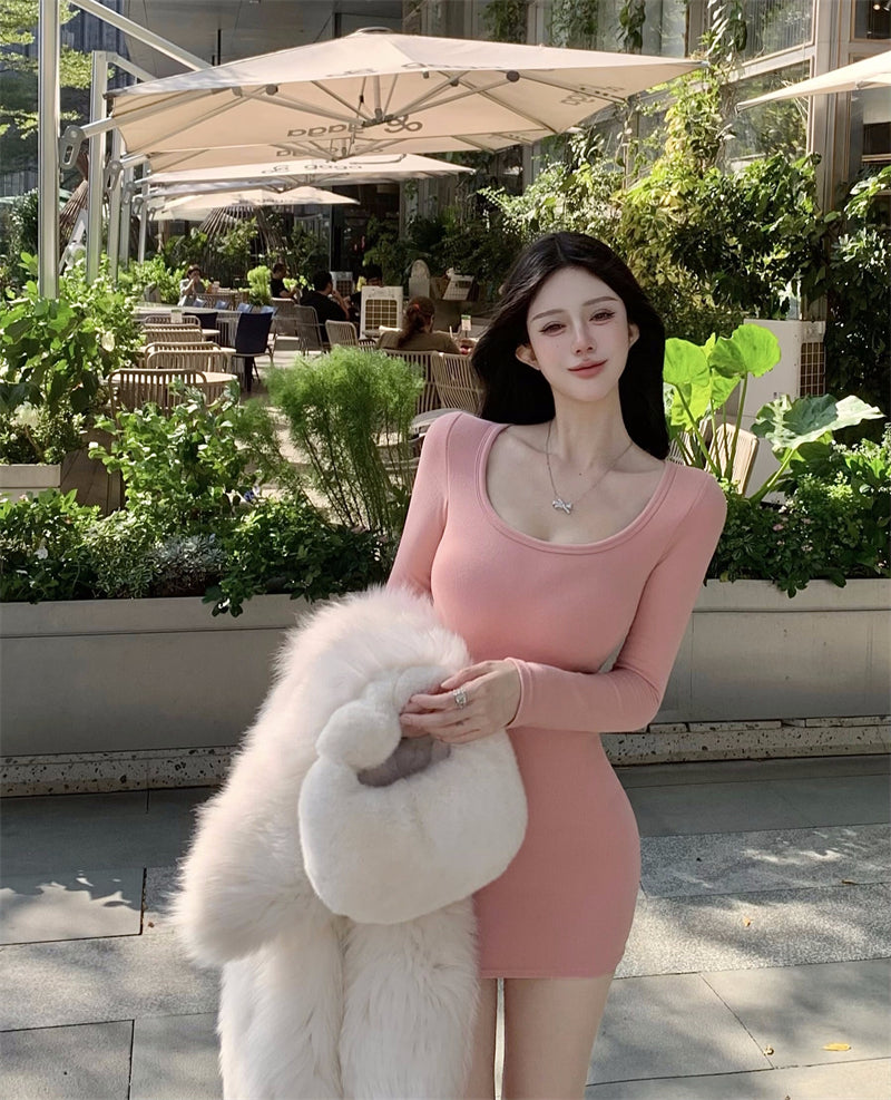 Fashionable Stretchy Fabric Long Sleeve Pink Mini Skirt Sweet Bodycon Parties Outfit Square Neck Short Dress AP3711