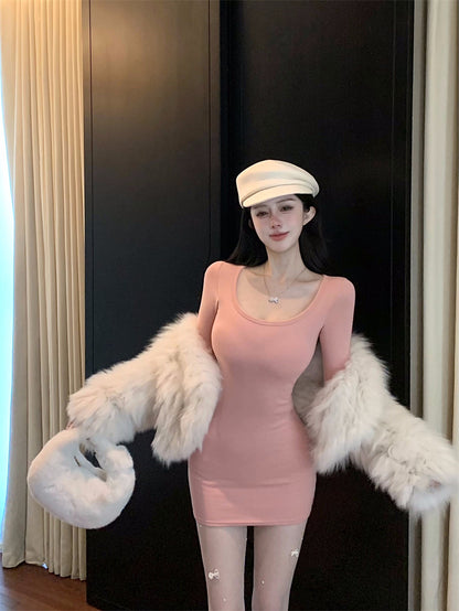 Fashionable Stretchy Fabric Long Sleeve Pink Mini Skirt Sweet Bodycon Parties Outfit Square Neck Short Dress AP3711