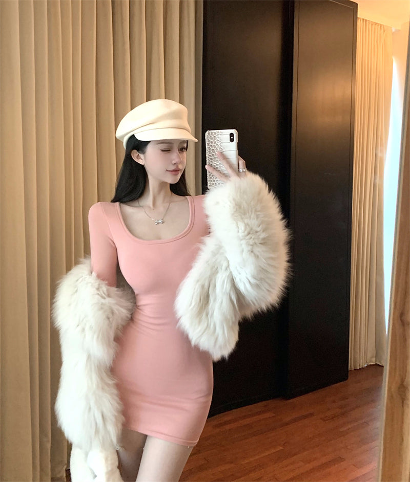 Fashionable Stretchy Fabric Long Sleeve Pink Mini Skirt Sweet Bodycon Parties Outfit Square Neck Short Dress AP3711