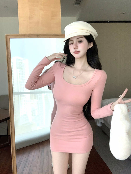 Fashionable Stretchy Fabric Long Sleeve Pink Mini Skirt Sweet Bodycon Parties Outfit Square Neck Short Dress AP3711