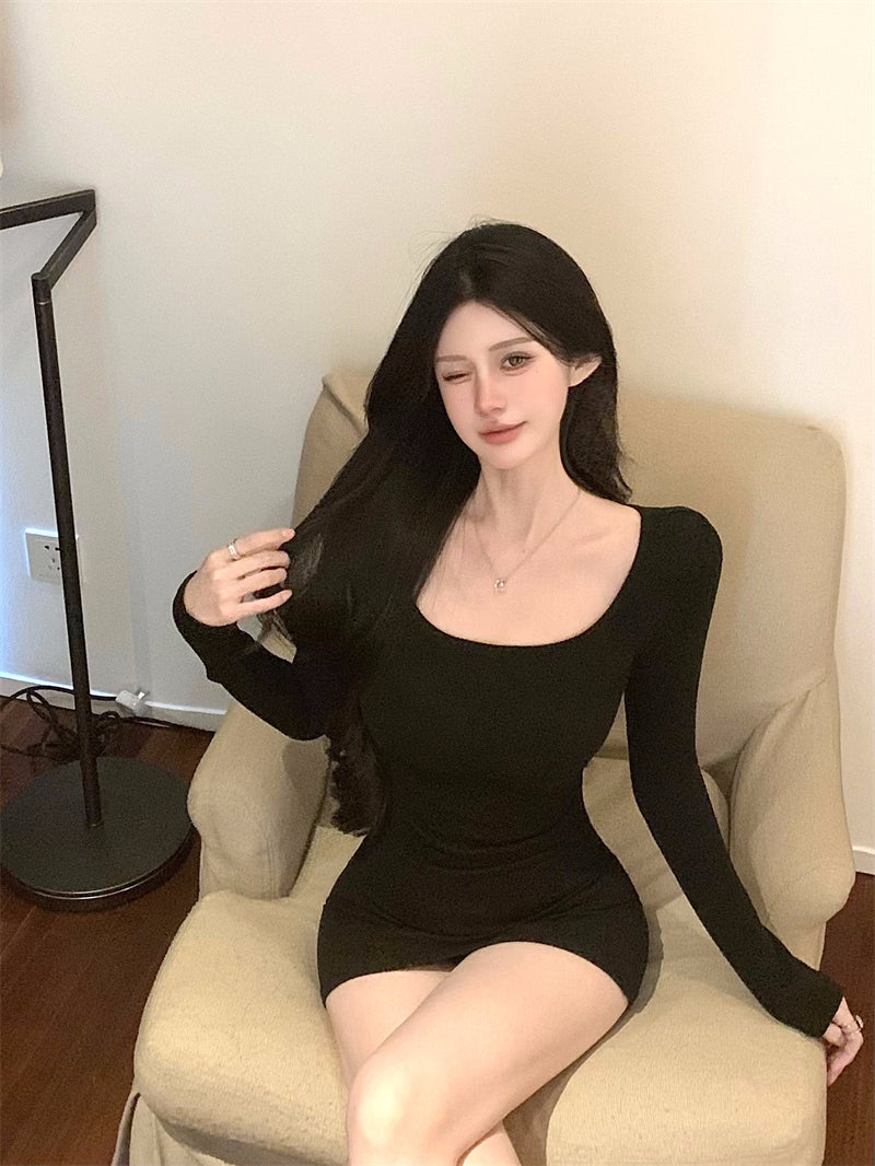 French Style LBD Square Neck Black Mini Skirt Glam Bodycon Parties Outfit Long Sleeve Short Dress AP3712