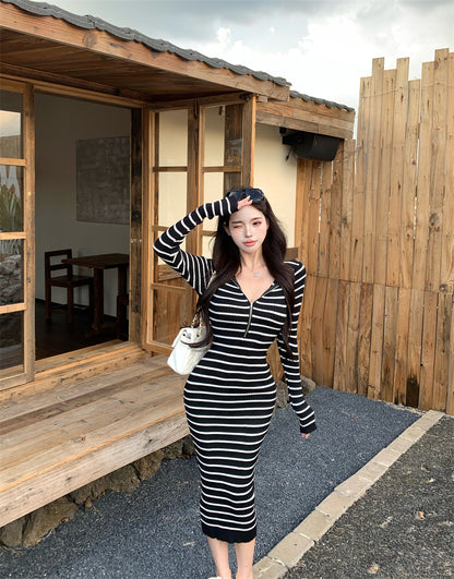 Minimalist Zebra Stripe Sheath Maxi Dress Casual Hooded V Neck Long Sleeve Zipper Design Long Dress AP3713