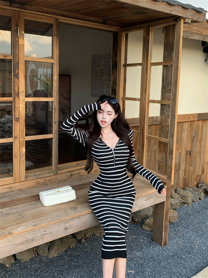 Minimalist Zebra Stripe Sheath Maxi Dress Casual Hooded V Neck Long Sleeve Zipper Design Long Dress AP3713