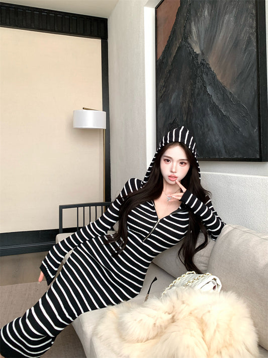 Minimalist Zebra Stripe Sheath Maxi Dress Casual Hooded V Neck Long Sleeve Zipper Design Long Dress AP3713