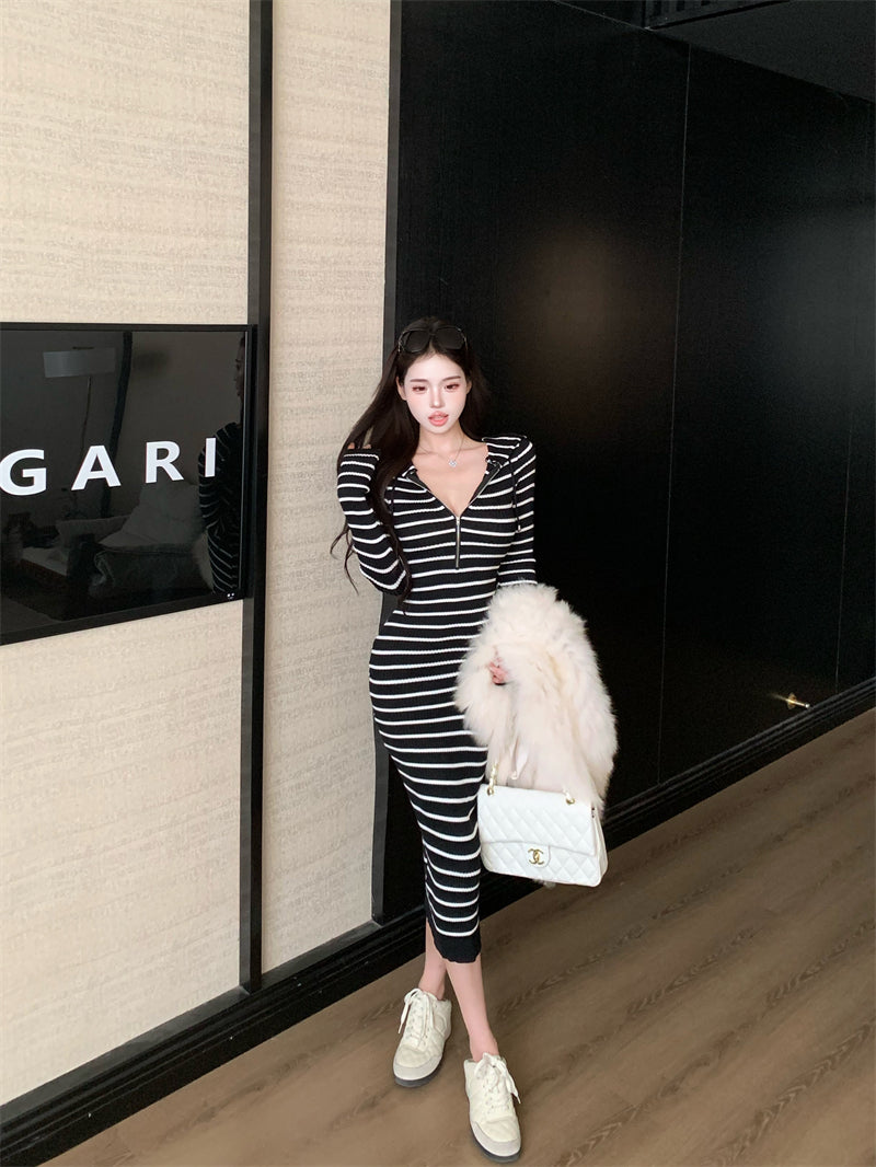 Minimalist Zebra Stripe Sheath Maxi Dress Casual Hooded V Neck Long Sleeve Zipper Design Long Dress AP3713