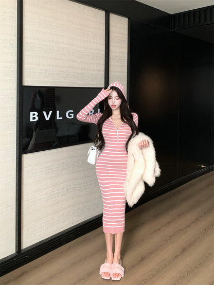 Simple Sheath Pink Stripe Hooded V Neck Maxi Dress Cute Zipper Design Long Sleeve Long Dress AP3714