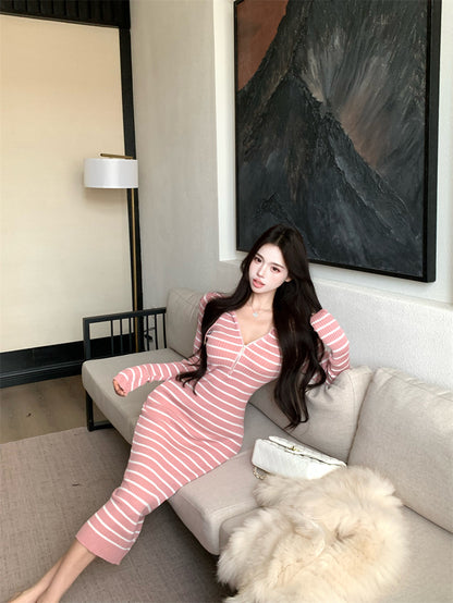 Simple Sheath Pink Stripe Hooded V Neck Maxi Dress Cute Zipper Design Long Sleeve Long Dress AP3714