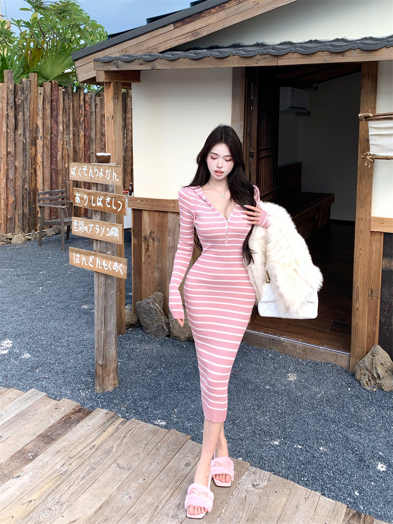 Simple Sheath Pink Stripe Hooded V Neck Maxi Dress Cute Zipper Design Long Sleeve Long Dress AP3714