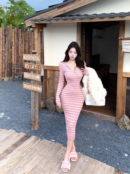 Simple Sheath Pink Stripe Hooded V Neck Maxi Dress Cute Zipper Design Long Sleeve Long Dress AP3714