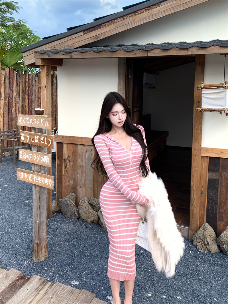 Simple Sheath Pink Stripe Hooded V Neck Maxi Dress Cute Zipper Design Long Sleeve Long Dress AP3714