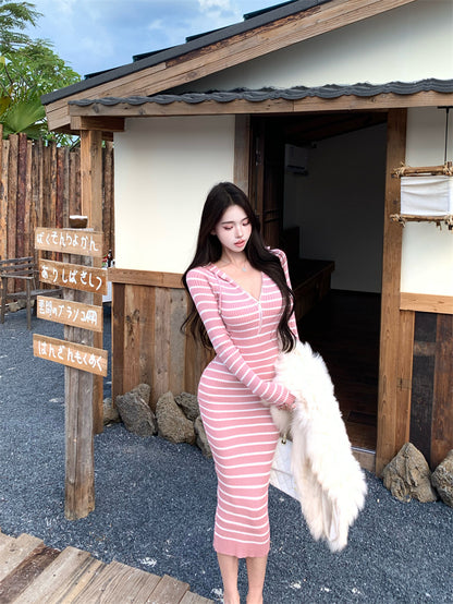 Simple Sheath Pink Stripe Hooded V Neck Maxi Dress Cute Zipper Design Long Sleeve Long Dress AP3714