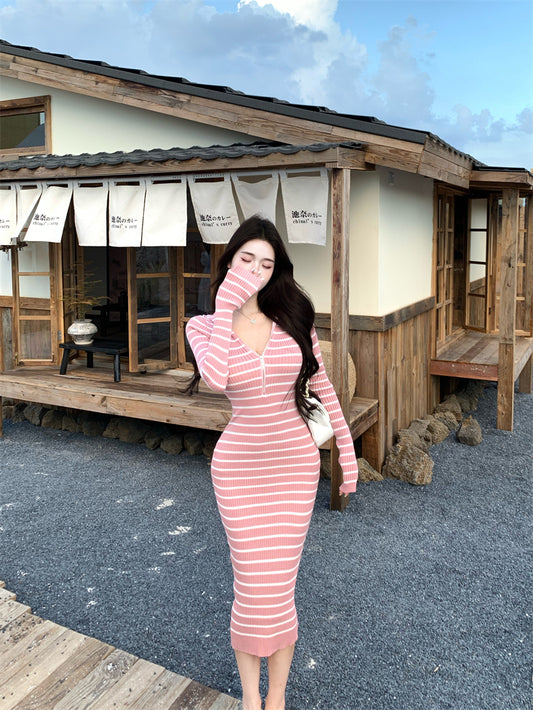 Simple Sheath Pink Stripe Hooded V Neck Maxi Dress Cute Zipper Design Long Sleeve Long Dress AP3714