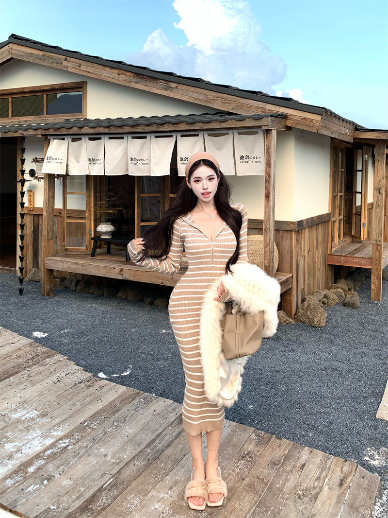 Charming Stripe Hooded V Neck Long Sleeve Maxi Dress Fashionable Zipper Design Sheath Long Dress AP3715