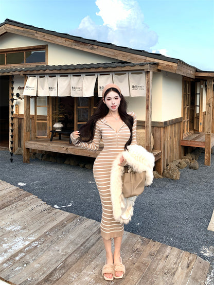 Charming Stripe Hooded V Neck Long Sleeve Maxi Dress Fashionable Zipper Design Sheath Long Dress AP3715