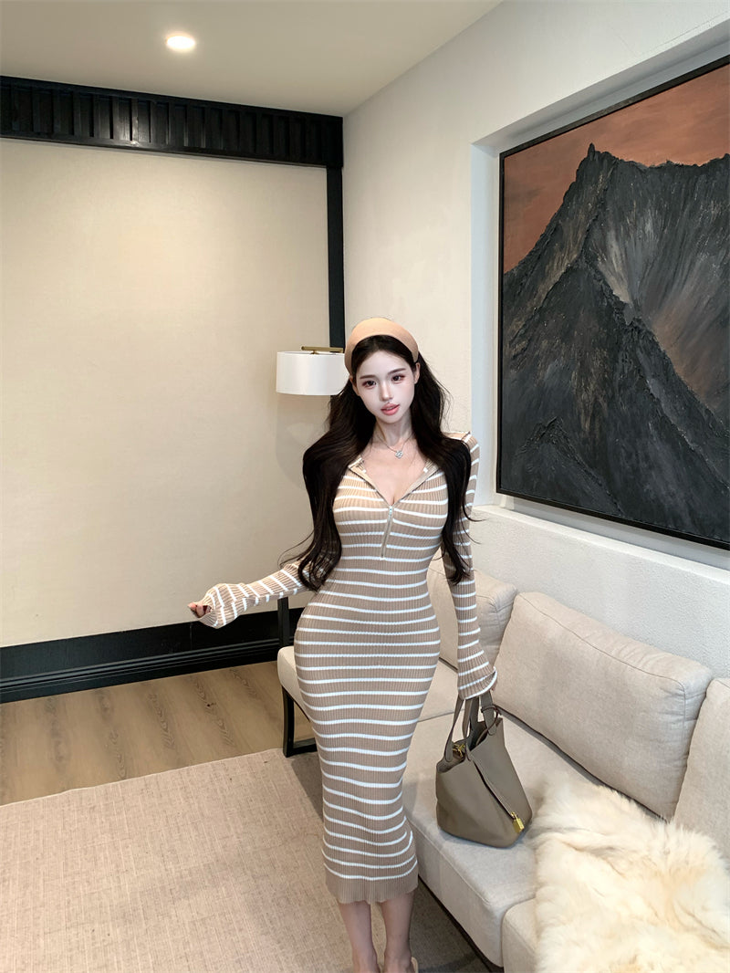 Charming Stripe Hooded V Neck Long Sleeve Maxi Dress Fashionable Zipper Design Sheath Long Dress AP3715