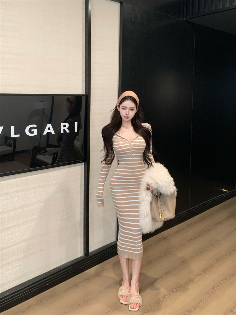 Charming Stripe Hooded V Neck Long Sleeve Maxi Dress Fashionable Zipper Design Sheath Long Dress AP3715