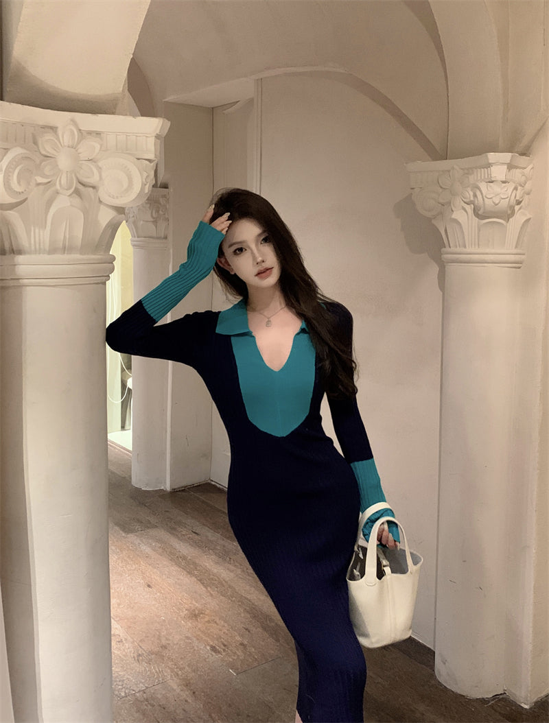 Dopamine Style Knitted V Neck Long Sleeve Maxi Dress Chic Colorblock Sheath Long Dress AP3716