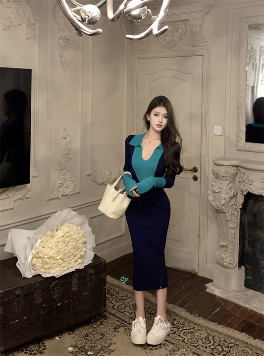 Dopamine Style Knitted V Neck Long Sleeve Maxi Dress Chic Colorblock Sheath Long Dress AP3716