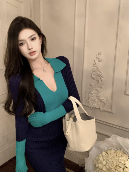 Dopamine Style Knitted V Neck Long Sleeve Maxi Dress Chic Colorblock Sheath Long Dress AP3716