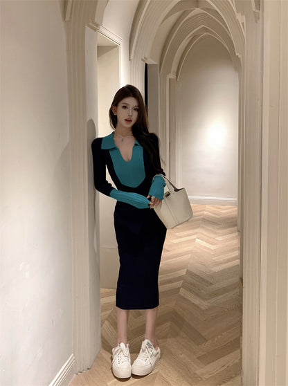 Dopamine Style Knitted V Neck Long Sleeve Maxi Dress Chic Colorblock Sheath Long Dress AP3716