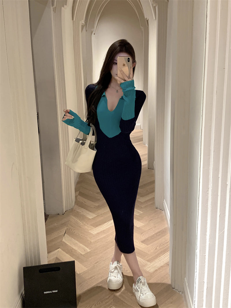 Dopamine Style Knitted V Neck Long Sleeve Maxi Dress Chic Colorblock Sheath Long Dress AP3716