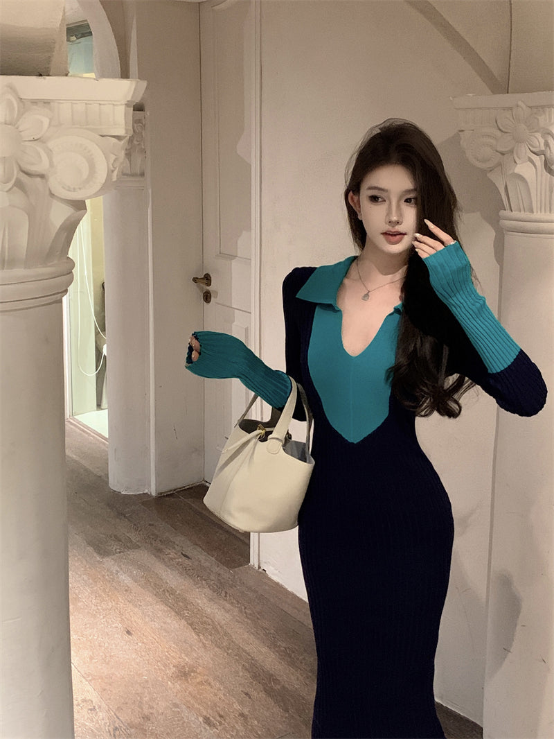 Dopamine Style Knitted V Neck Long Sleeve Maxi Dress Chic Colorblock Sheath Long Dress AP3716