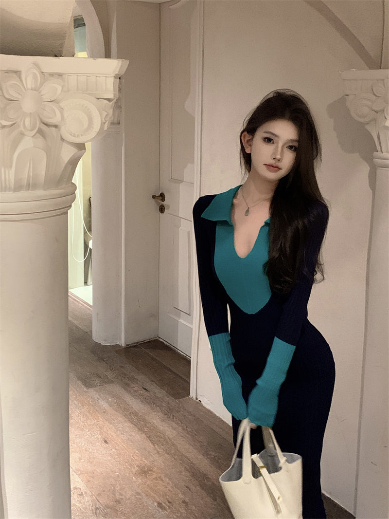 Dopamine Style Knitted V Neck Long Sleeve Maxi Dress Chic Colorblock Sheath Long Dress AP3716