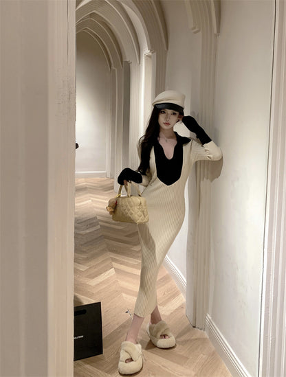 Adorable V Neck Colorblock Knitted Maxi Dress Charming Long Sleeve Sheath Long Dress AP3717