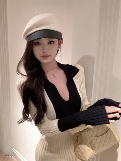 Adorable V Neck Colorblock Knitted Maxi Dress Charming Long Sleeve Sheath Long Dress AP3717