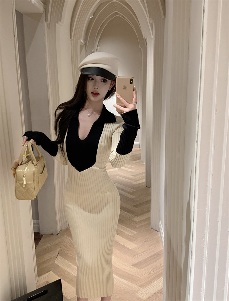 Adorable V Neck Colorblock Knitted Maxi Dress Charming Long Sleeve Sheath Long Dress AP3717
