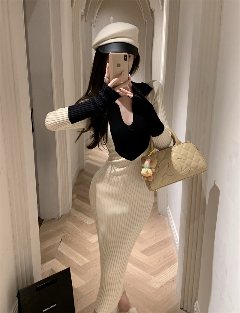 Adorable V Neck Colorblock Knitted Maxi Dress Charming Long Sleeve Sheath Long Dress AP3717