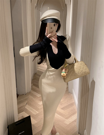 Adorable V Neck Colorblock Knitted Maxi Dress Charming Long Sleeve Sheath Long Dress AP3717