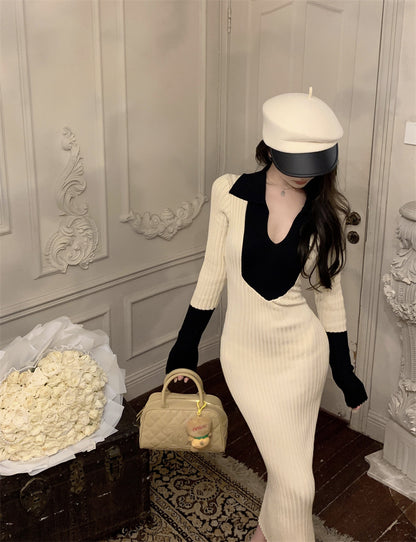 Adorable V Neck Colorblock Knitted Maxi Dress Charming Long Sleeve Sheath Long Dress AP3717