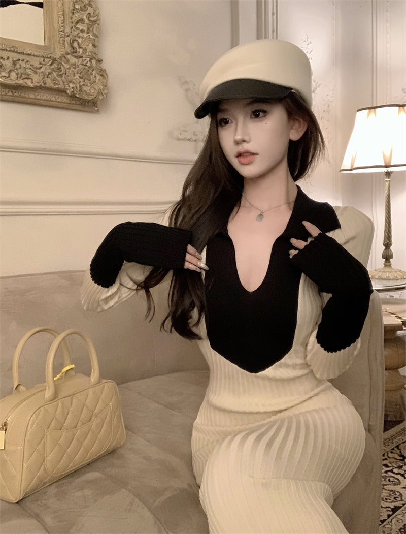 Adorable V Neck Colorblock Knitted Maxi Dress Charming Long Sleeve Sheath Long Dress AP3717