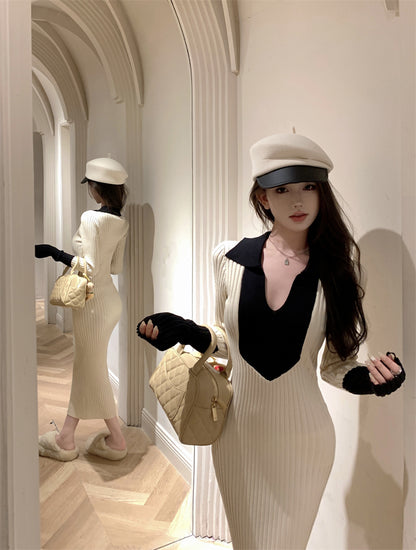 Adorable V Neck Colorblock Knitted Maxi Dress Charming Long Sleeve Sheath Long Dress AP3717