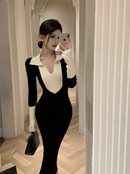 Playful Sheath  Black & White Colorblock Maxi Dress Vogue V Neck Long Sleeve Long Dress AP3718