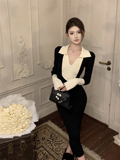 Playful Sheath  Black & White Colorblock Maxi Dress Vogue V Neck Long Sleeve Long Dress AP3718
