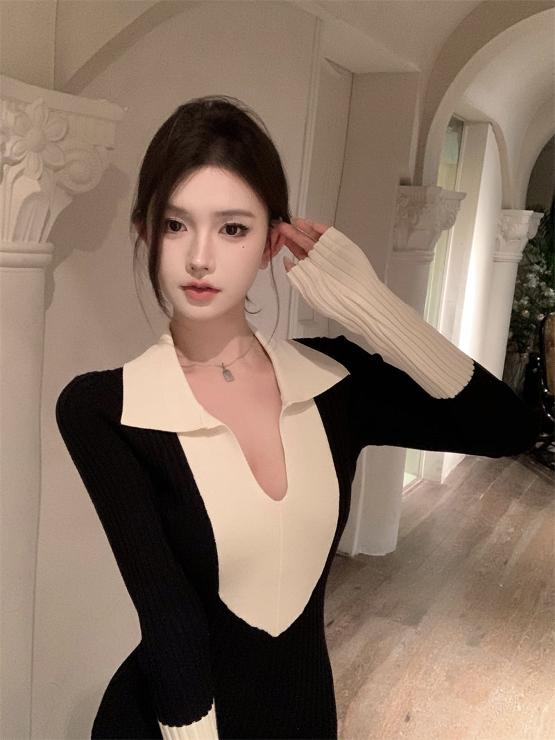 Playful Sheath  Black & White Colorblock Maxi Dress Vogue V Neck Long Sleeve Long Dress AP3718
