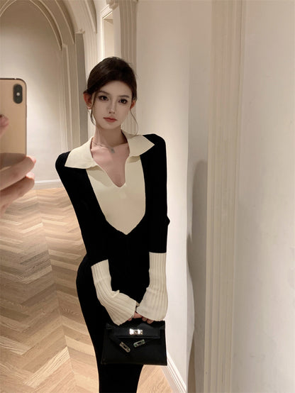 Playful Sheath  Black & White Colorblock Maxi Dress Vogue V Neck Long Sleeve Long Dress AP3718