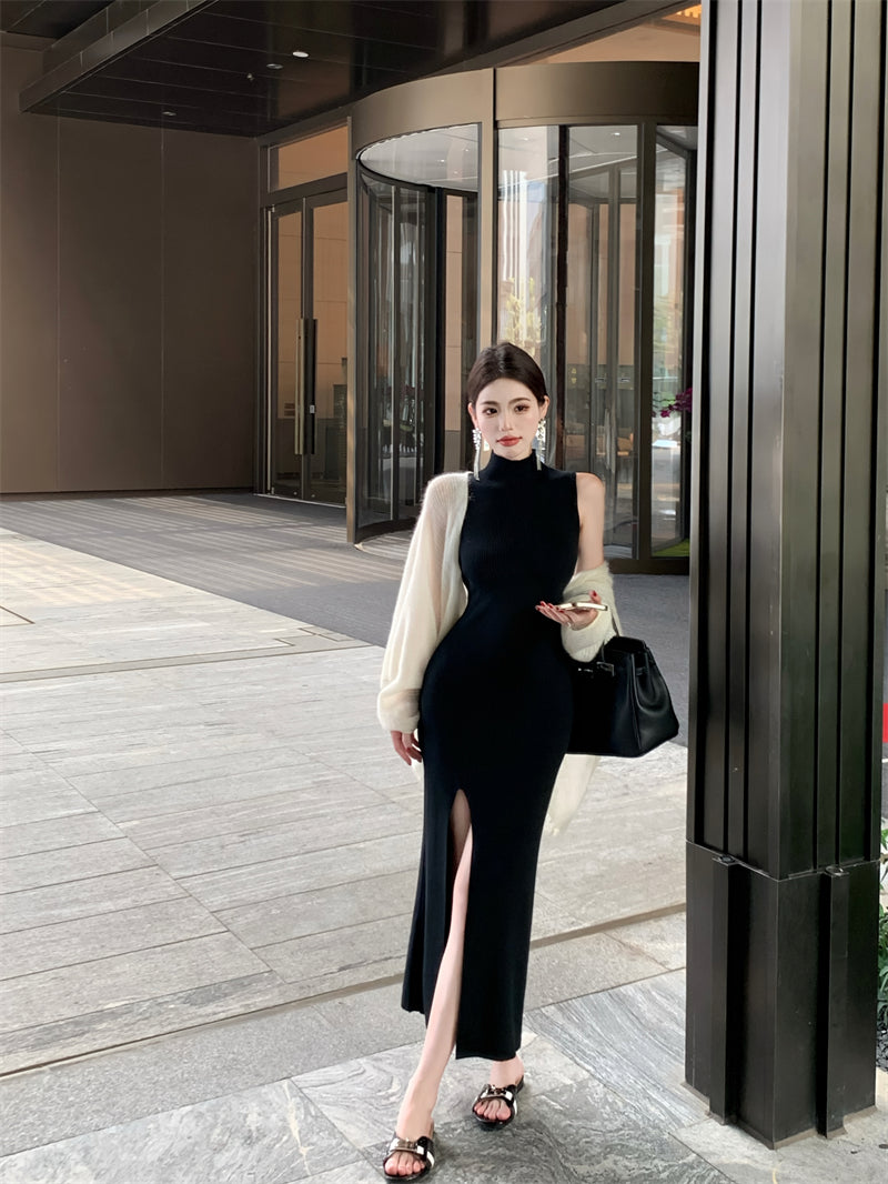 Stylish Sleeveless Black High Collar Maxi Dress Simple Sheath High-Slit Long Dress AP3719
