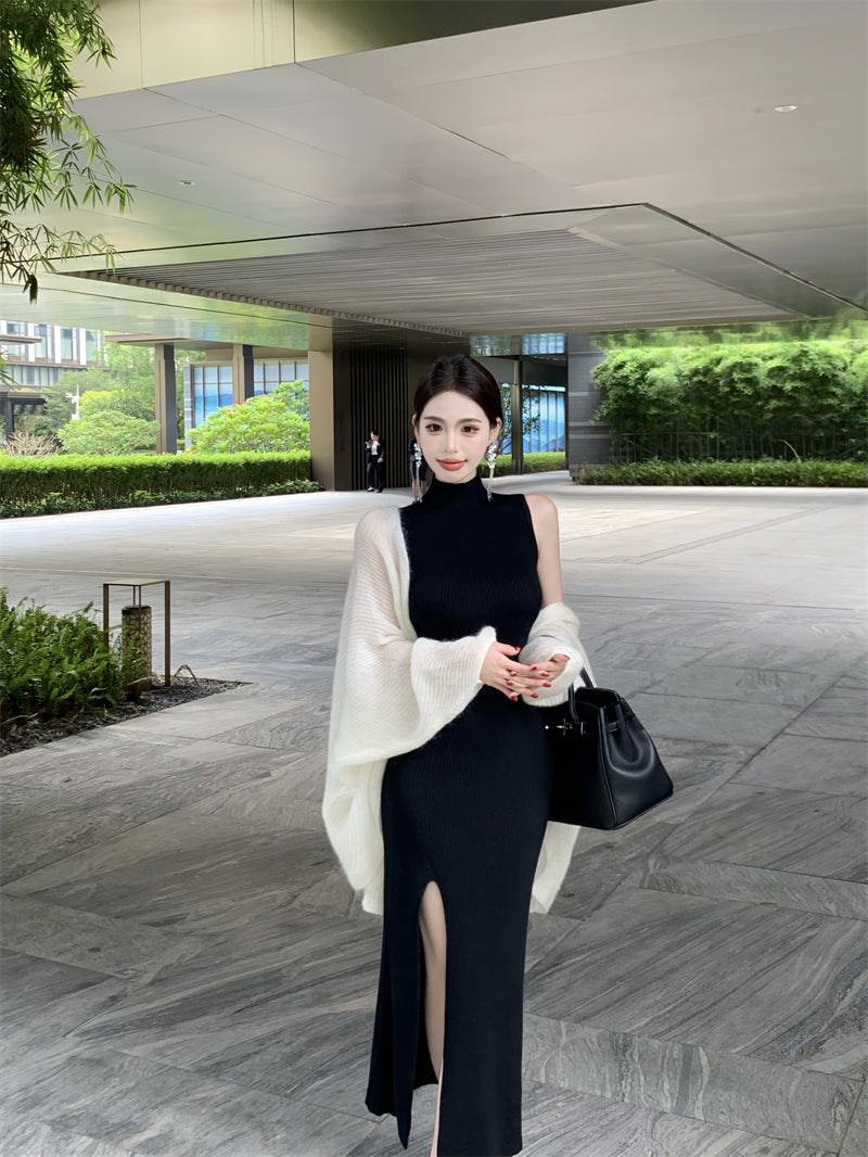 Stylish Sleeveless Black High Collar Maxi Dress Simple Sheath High-Slit Long Dress AP3719