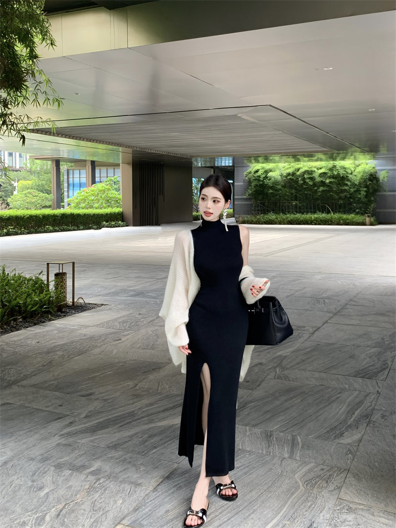 Stylish Sleeveless Black High Collar Maxi Dress Simple Sheath High-Slit Long Dress AP3719