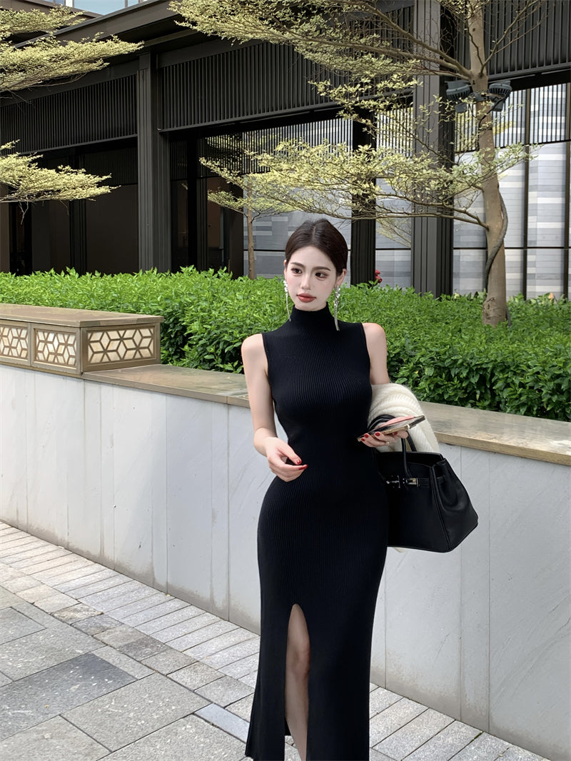 Stylish Sleeveless Black High Collar Maxi Dress Simple Sheath High-Slit Long Dress AP3719