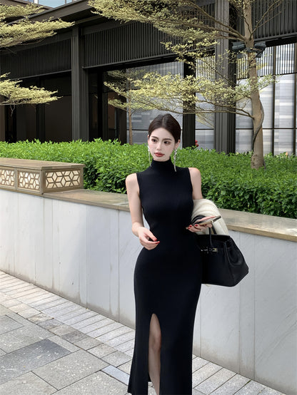 Stylish Sleeveless Black High Collar Maxi Dress Simple Sheath High-Slit Long Dress AP3719
