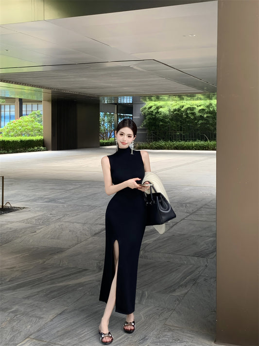 Stylish Sleeveless Black High Collar Maxi Dress Simple Sheath High-Slit Long Dress AP3719