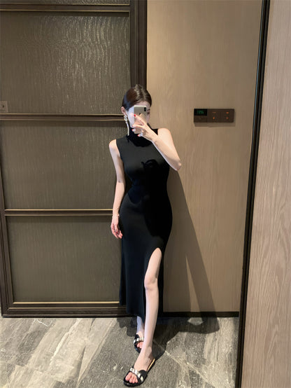 Stylish Sleeveless Black High Collar Maxi Dress Simple Sheath High-Slit Long Dress AP3719